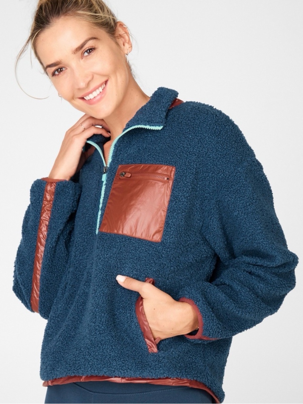 Fabletics Larisa Mixed Media Fleece Fuzzy Pullover Jacket Blue Brown Fall XL
